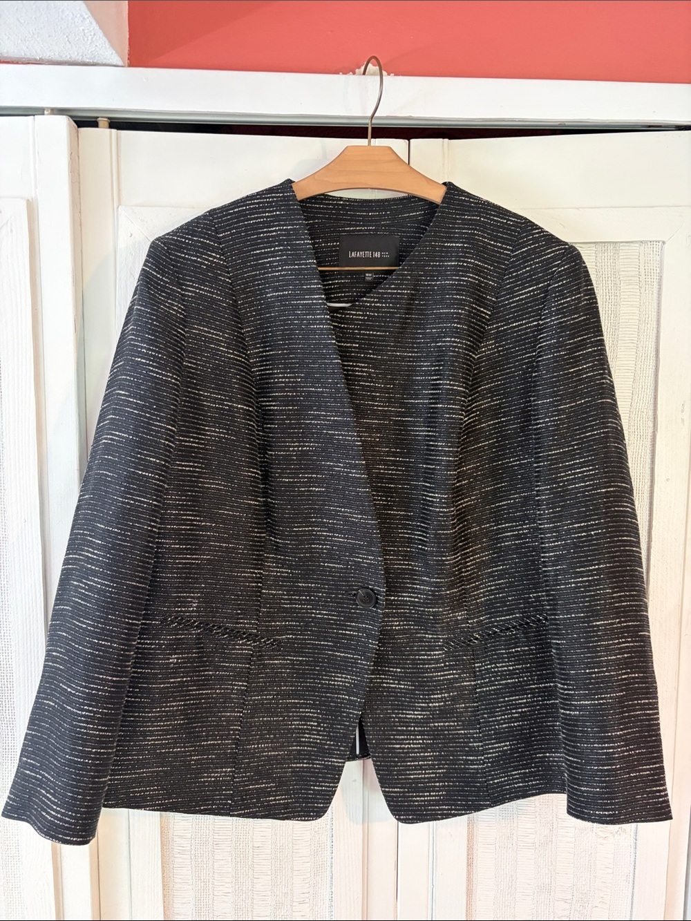 Lafayette 148 New York Black & White Striped Tweed One Button Blazer - 16